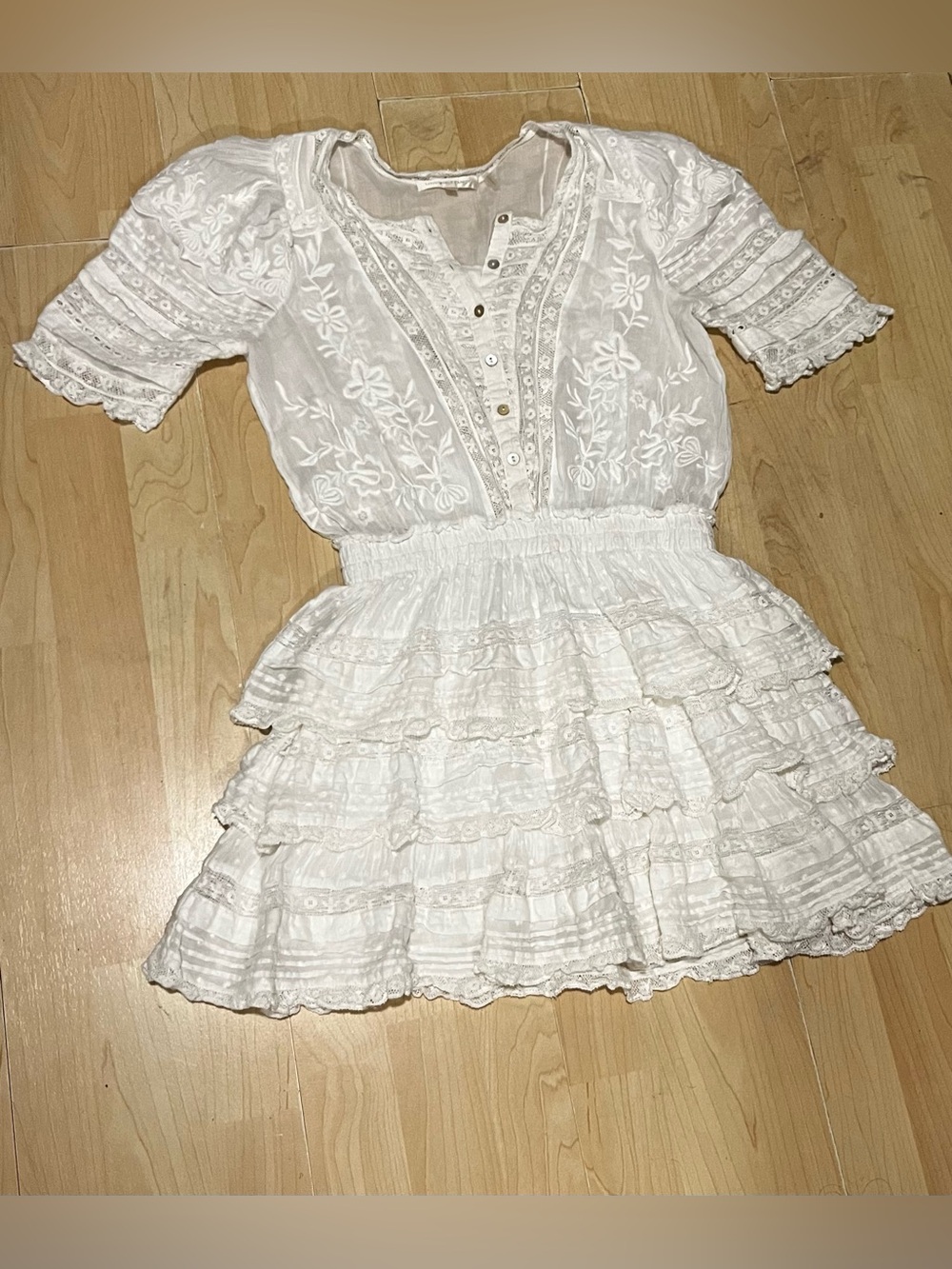 LoveShackFancy White Embroidered Ruffle Tiered Dress